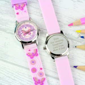 Personalised Kids Pink Time Teacher Butterfly Watch with Presentation Box