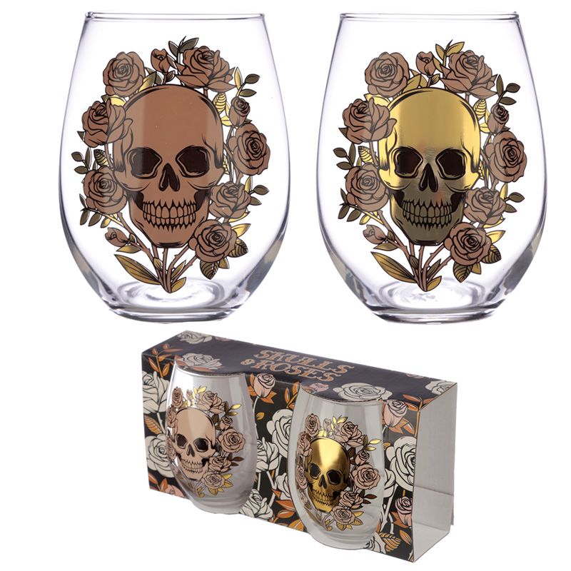Skulls and Roses Set of 2 Glass Tumblers
